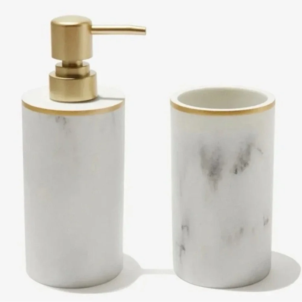 Bathroom Accessory Set Faux Marble Gold Soap Dispenser Toothbrush Holder New